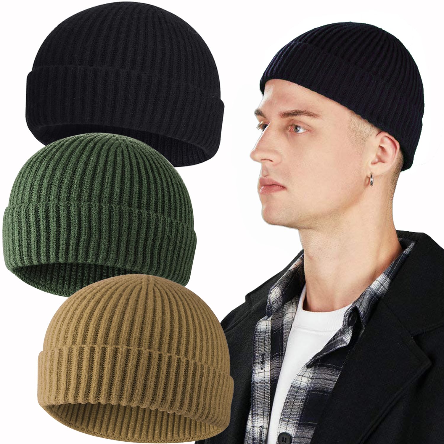 PHILIGHTS 3PCS Short Fisherman Beanie Hat for Men Women, Wool Knit Cuff Winter Warm Hats