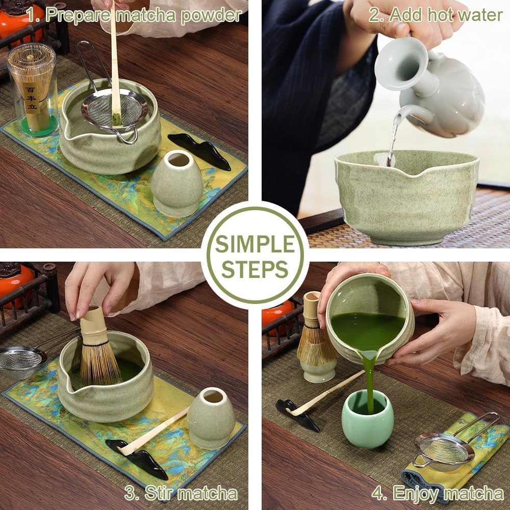5 Stück Matcha Set, Bambus Matcha Besen, Keramik Matcha Schale mit Ausgießer, Matcha Whisk, Schaufel, Sieb, Matcha Tee Set Ohne Pulver, Ceremonial Matcha Starter Set (Weiß)