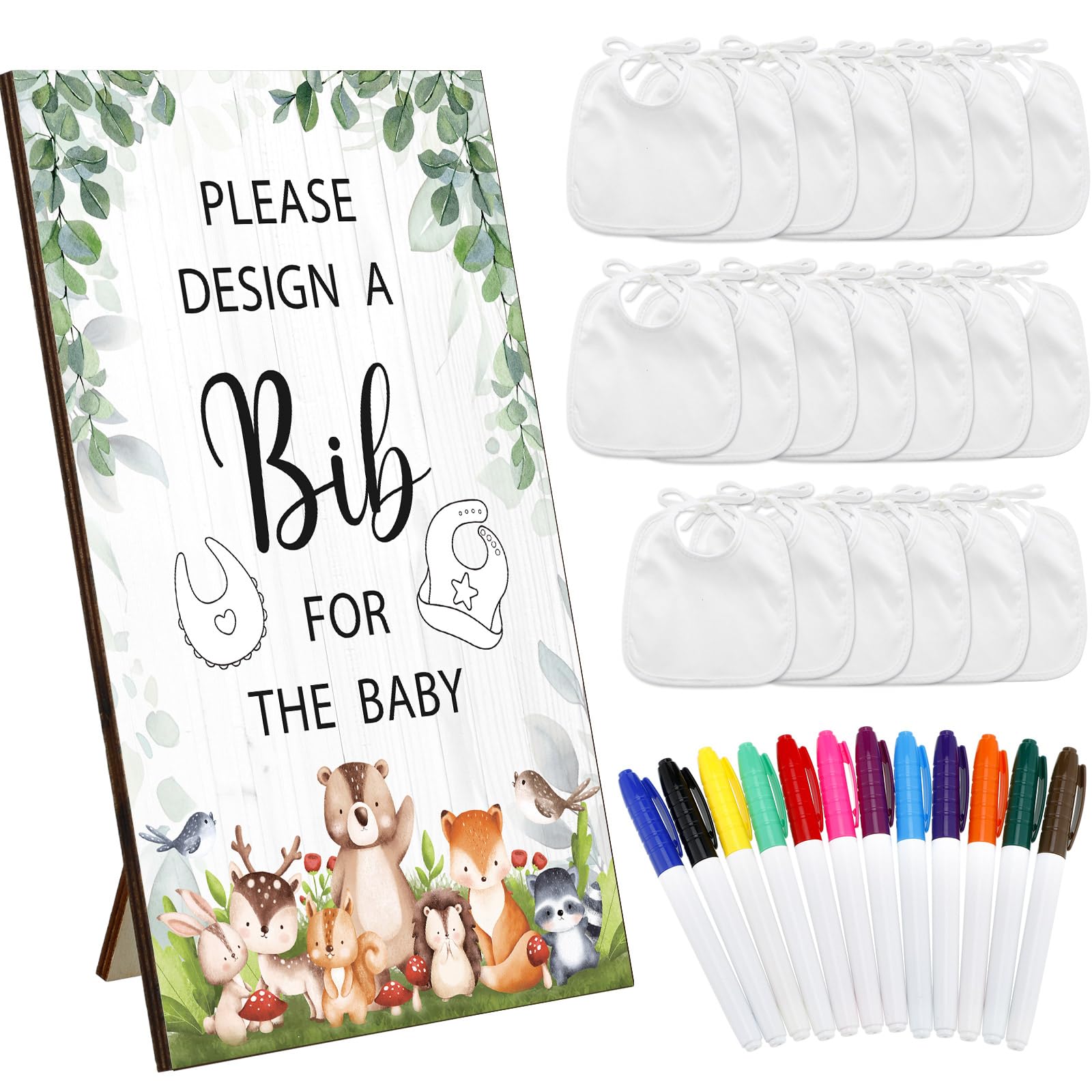 Panitay 43 Pcs Baby Shower Games White Bibs Design, Include Wooden Baby Shower Game Sign, 30 DIY Blank White Bibs, 12 Markers for Gender Reveal Party