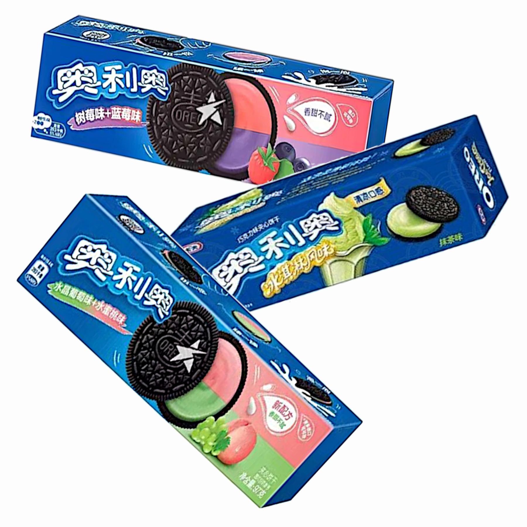 Exotic Cookie Bundle – with 3 Unusual Flavours of Classic Sandwich Cookies - Green Tea Ice Cream, Raspberry & Blueberry, Grape & Peach 3 x 97g – Delicious Biscuits and Snacks - Unique Gift Idea