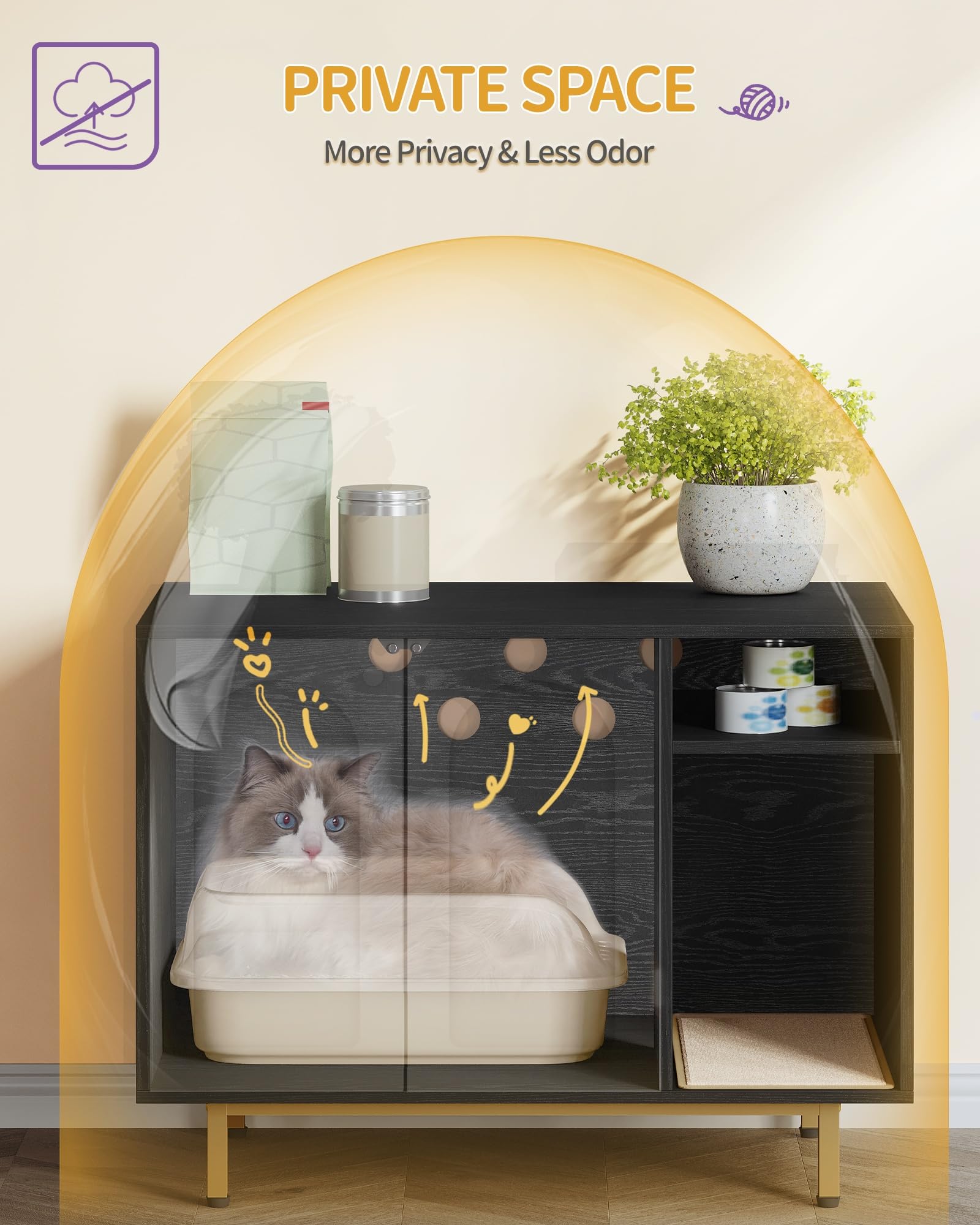 Hzuaneri Mobile Lettiera per Gatti, Mobiletto Lettiera Gatto, Casa per Gatto Multifunzione, Con Porta e Divisorio Separato, Armadietto per Gatti, Facile da Montare, Nero e Oro CB01504G