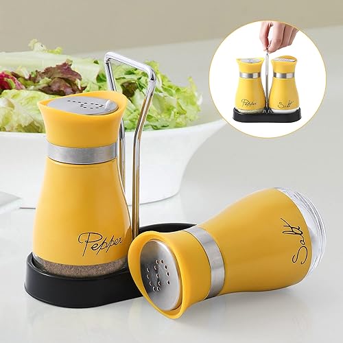 Miniatura 6 de Yellow Lonffery - Juego de saleros y pimenteros, decoración y accesorios de cocina amarillos, acero inoxidable con botella de vidrio para mesa,