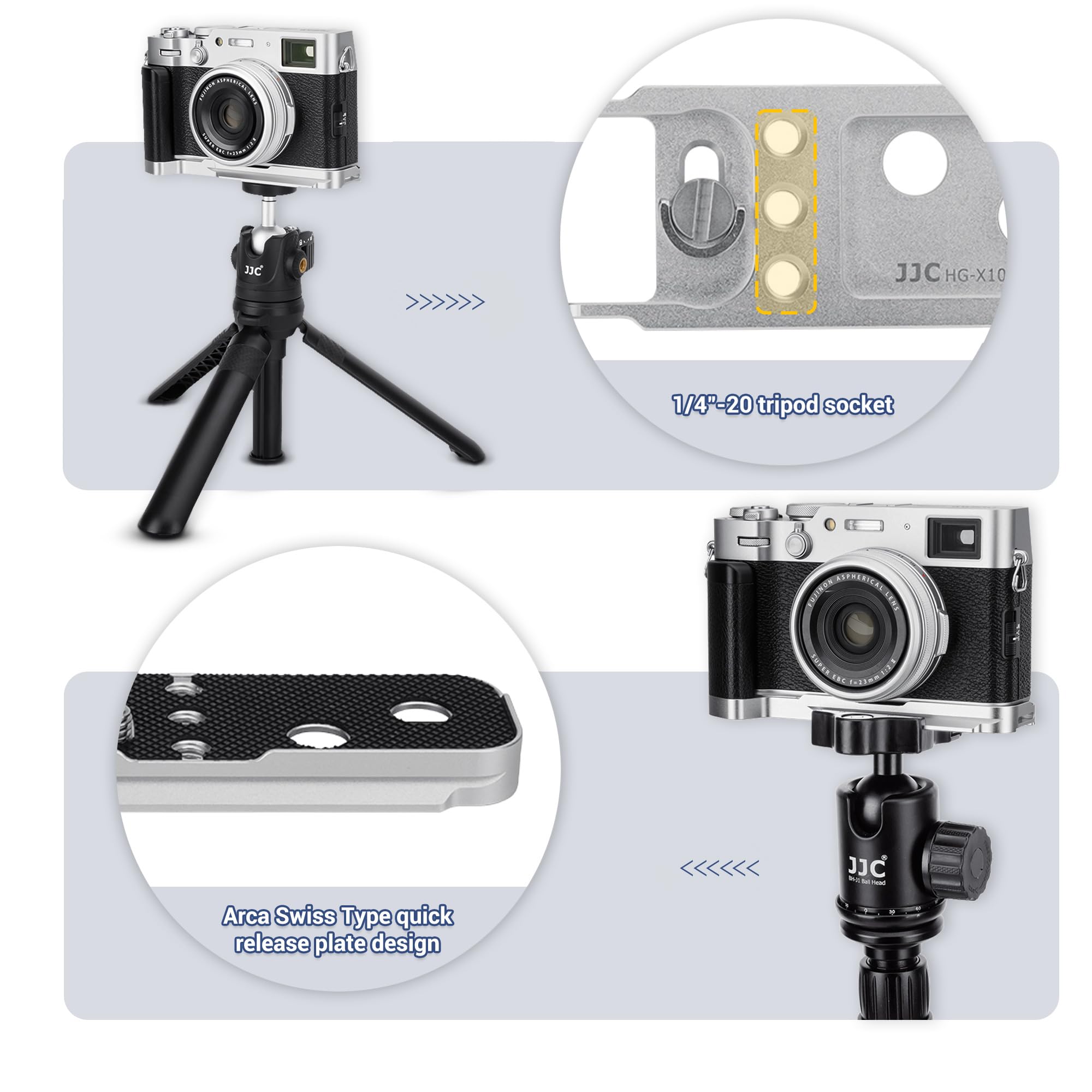 JJC Impugnatura in Metallo per Fujifilm Fuji X100V X100F Fotocamera, Piastra di Rilascio Rapido di Tipo Arca Swiss, Supporto a L Antiscivolo con Presa Migliorata, ARGENTO