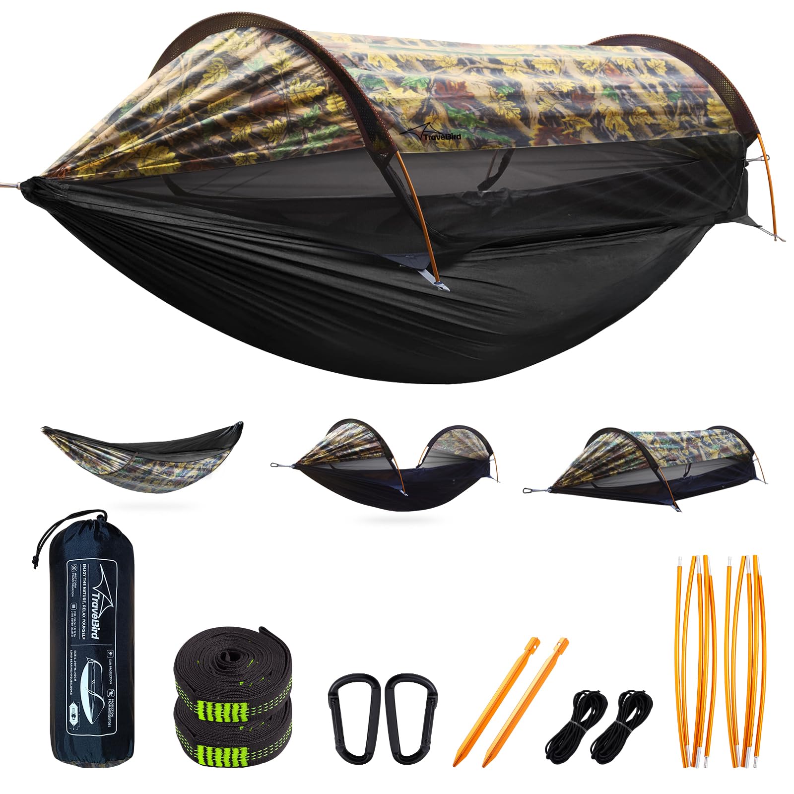 Travel Bird Camping Hammock Tent with Mosquito Net and Sunshade, 290 * 140CM Extra Large Space, Multi-mode Lightweight Hanging Hammocks Tree Straps Swing, Ground Tent for Outside, Hiking