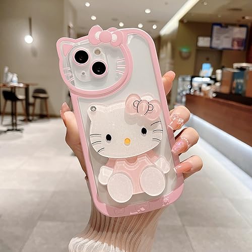 Miniatura 2 de Funda protectora transparente de TPU suave para iPhone 15 de 6.1 pulgadas para iPhone 15 con diseño de dibujos animados de gato rosa con lazo 3D,