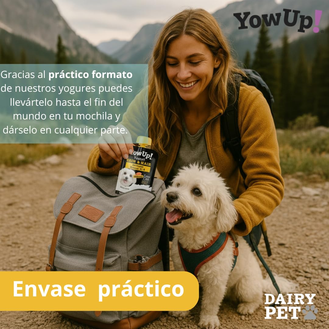 YowUp! Yogur para Perros Piel y Pelo | con Omega 3, 6 y Biotina | Pack Caja Display 10×115 g | Sin Lactosa, Sin Azúcares, Snack Funcional Saludable