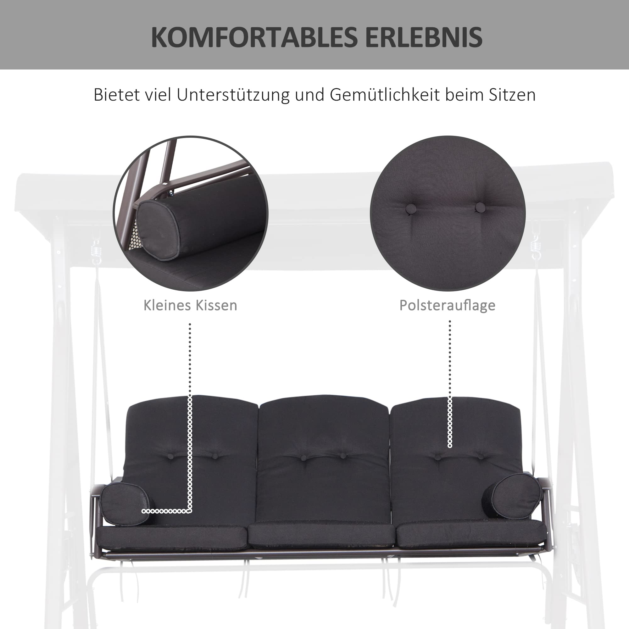 Outsunny 3-Sitzer Hollywoodschaukel Sonnendach Schwarz 116 x 206 x 183 cm | Gartenschaukel, Kissen, Metall, Polyester