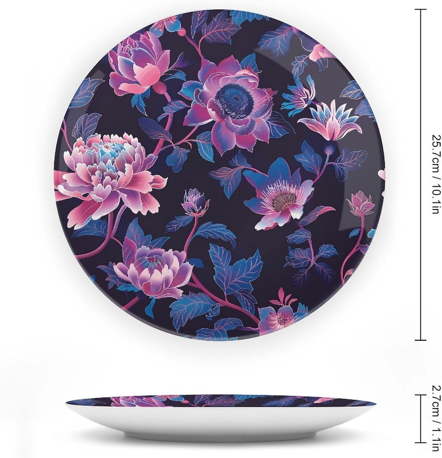 Dark Purple Flower Decorative Plates Bone China Plates with Stand for Display 10inch Round Ceramic Dinner Plates Dessert Plate for Kitchen Party Coffee Table Decor Art