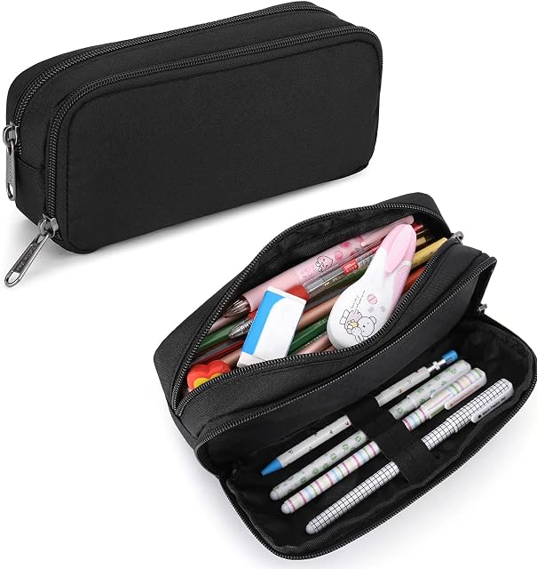 Della Gao Large Pencil Case for Girls Aesthetic Pencil Case for Women Adults with Compartments Simple Plain Organised Basic Pencil Case for Secondary School Boys - Black