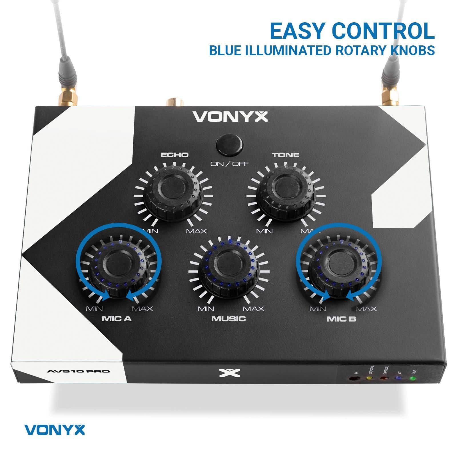 Vonyx AV510 PRO Karaoke Mikrofon Set mit 2X drahtlosen UHF Mikrofonen und Karaoke Mixer, KTV Set, Bluetooth Handmikrofon, Dynamisches Funkmikrofon System, für Zuhause, DJ, Kneipe - Schwarz