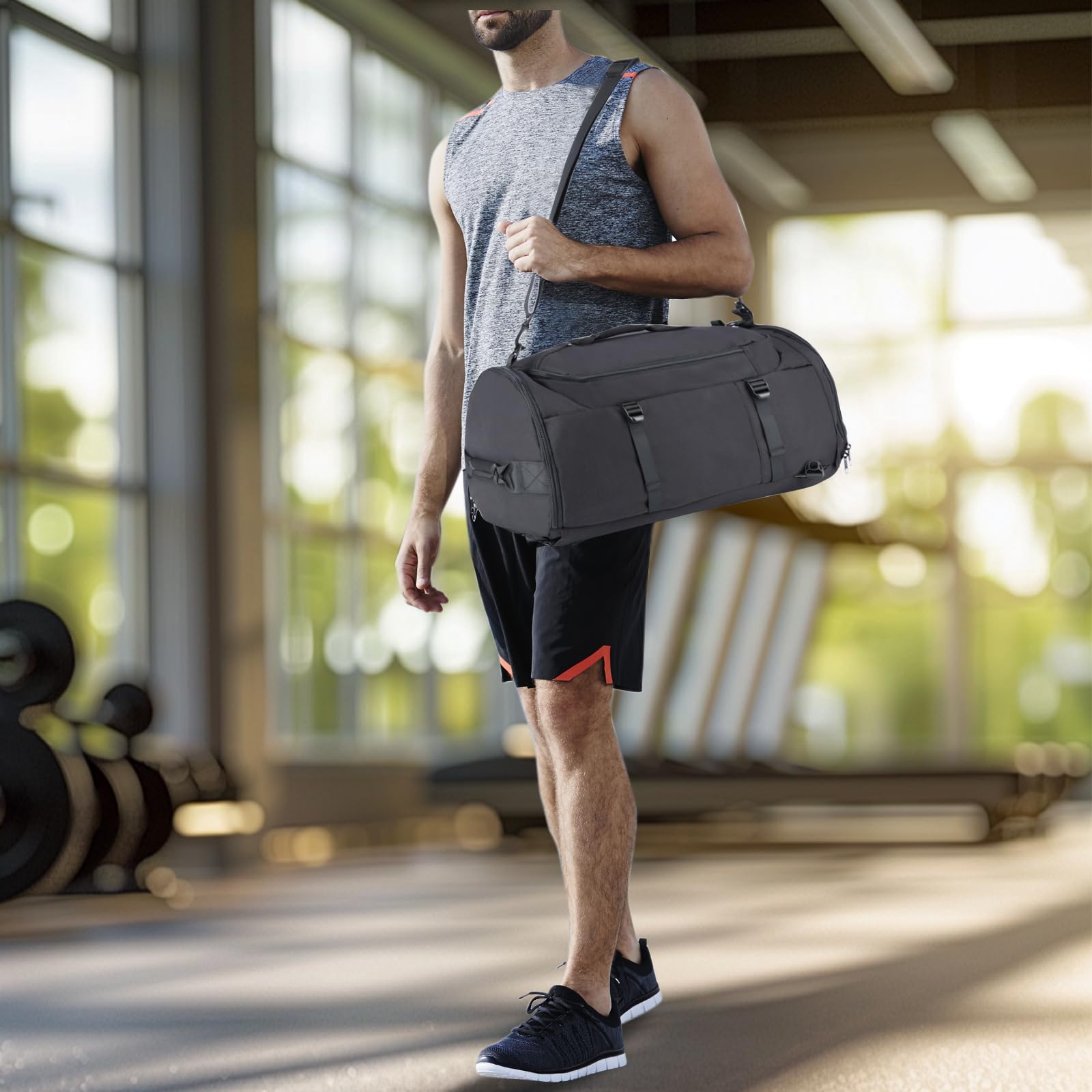 Borsone tattico da palestra, borsa da viaggio militare con scomparto per scarpe e cinghie per campeggio, nero, Borsone
