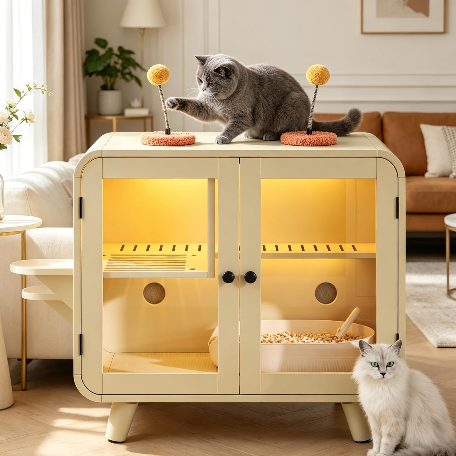 Cat Litter Box Enclosure, Hidden Litter Box Furniture with LED Light, Litter Leak Walkway and Stairs, Cat Litter Cabinet with Glass Doors for Living Room (Beige)