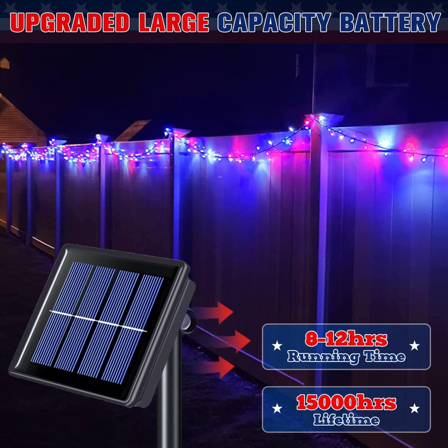 2 Pack Solar String Lights, 11M 60LED Solar Christmas Light String 8 Modes Fairy Waterproof Lights para la decoración de la boda del jardín de Navidad (Rojo + blanco + azul)