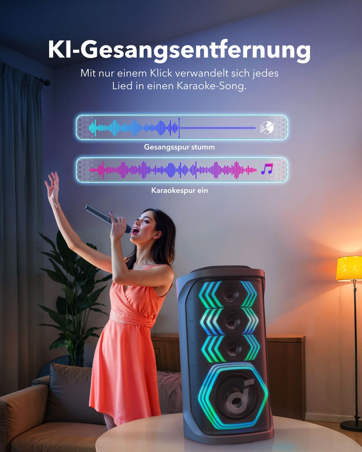 soundcore Rave 3 KI Karaoke-Lautsprecher mit 2 kabellosen Mikrofonen,160W Sound,KI-Stimmentfernung,Stimmverstärker,Nachhall-Effekt,12h Spielzeit,portables PA-System mit Bluetooth für Zuhause,PartyBox