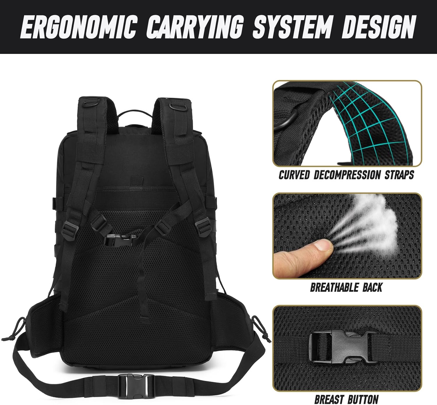 Tactical Backpack for Men, Water Resistant 46L Military Backpack, Large Army 3 Day Assault Pack for Hiking, Camping, Gym with Molle System, Black