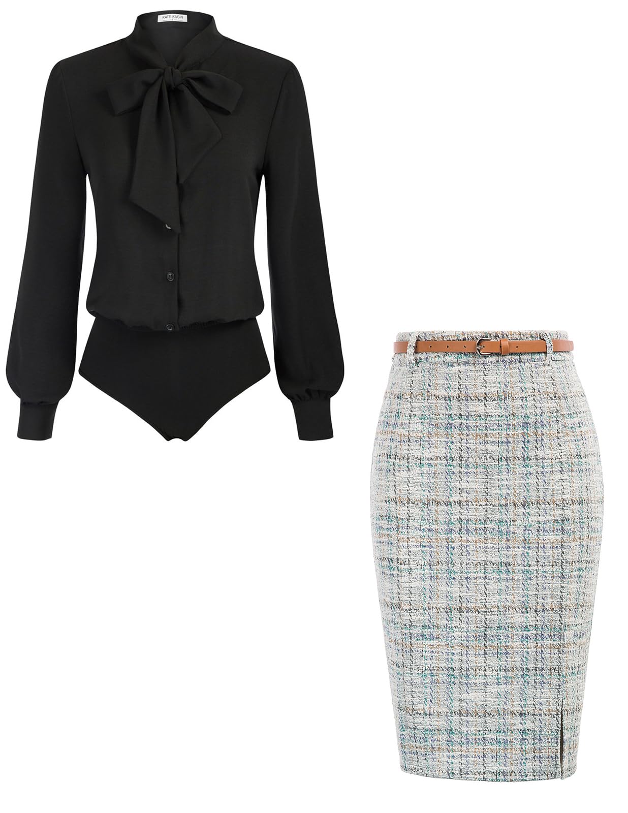 Kate Kasin Women Bow Tie Bodysuit and Tweed Pencil Skirt