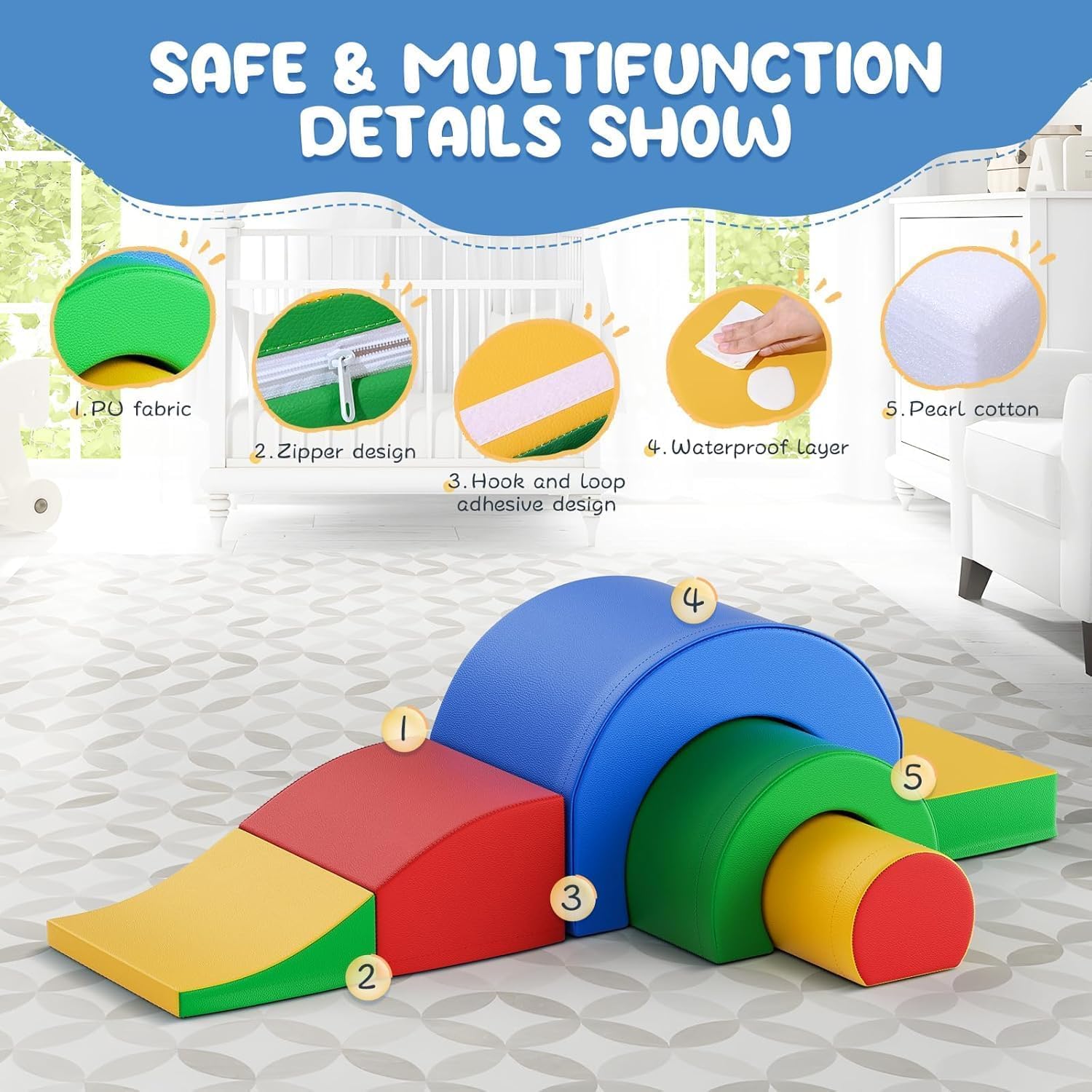 Baby Motor Skills Course,5 Piece Soft Block Set for Toddlers and Babies,Foam Climbing Blocks,Giant Montessori Type Building Set, Indoor Play Area, EN71 Certified (Color) - 3