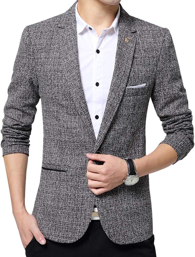 LISUEYNE Men`s Linen Stylish Blazer Light Weight One Button Slim Fit Smart Formal Suits Jacket (Grey, M)