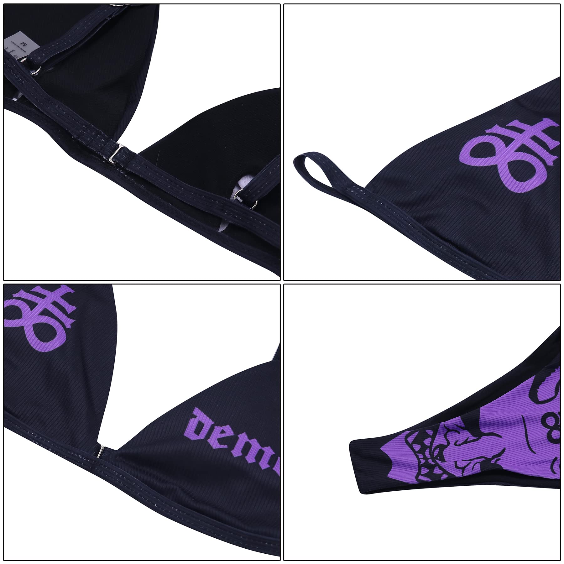 ANKOMINA Women Gothic Skull Letter Printed Two Piece Swimsuit High Cut Triangle Bikini Set for Rave Party Festival Halloween: Medium Black E