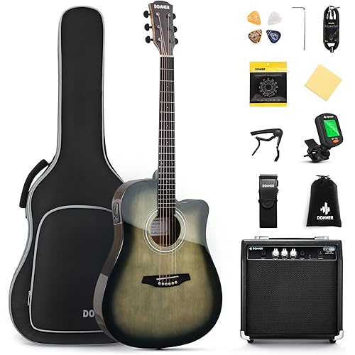 Donner Acoustic Electric Guitar Full Size Kit for Beginner Intermediate with Amplifier Capo Pick Tuner Strings Strap - 41 Inch