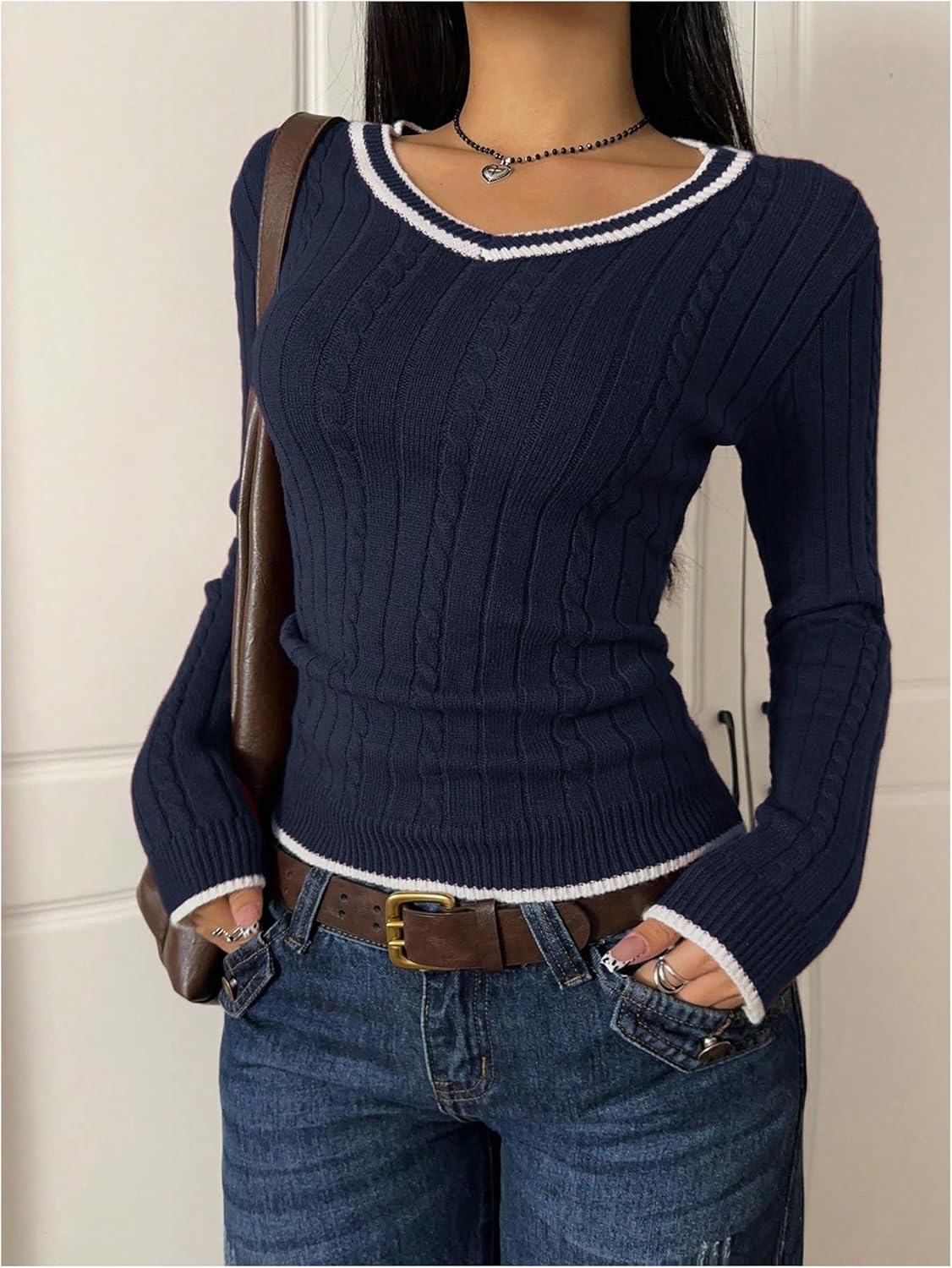 Milumia Women's Cable Knit V Neck Long Sleeve Sweater Casual Fitted Going Out Pullover Tee Tops Streetwear - Image 5