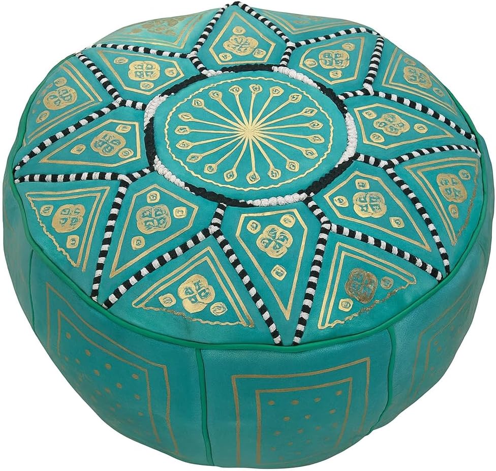 Treasures Of Morocco Handmade Moroccan Leather Pouf Ottoman – 100% Genuine Leather Round Footstool, Comfortable Home Décor Accent, Available in 20 Unique Designs (Turquoise)