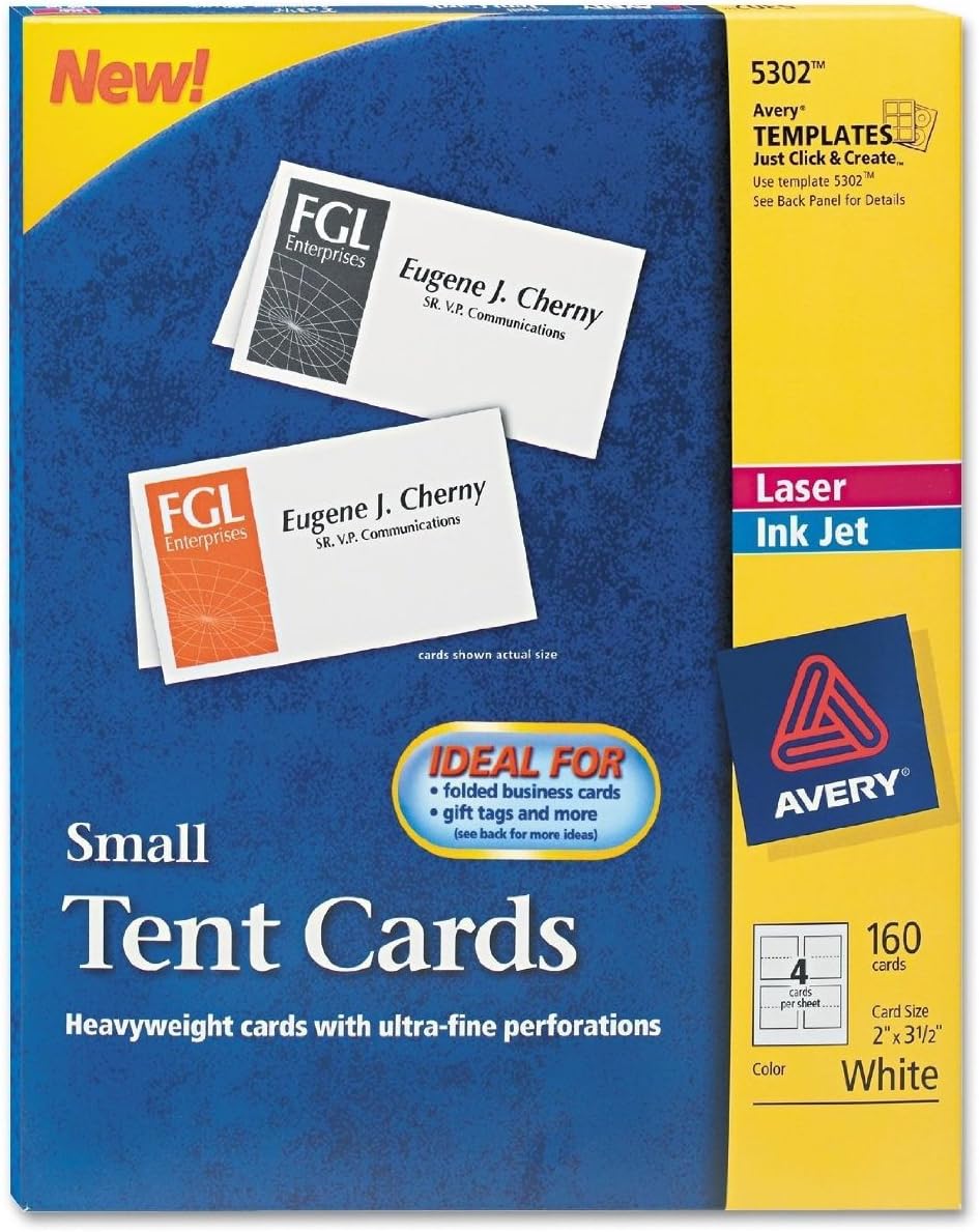 Avery 5302 Laser/Inkjet Tent Cards,Small,Perforated,2-Inch x3-1/2-Inch,160/BX,WE