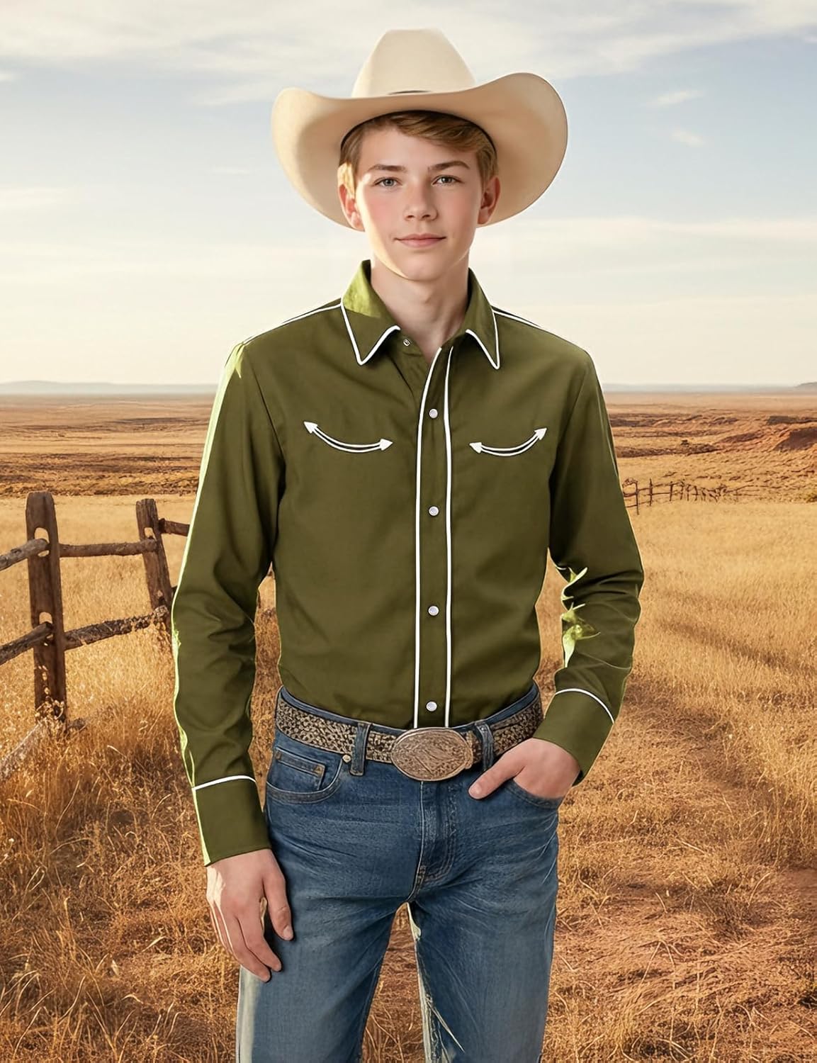 Spring&Gege Boys' Western Cowboys Shirt Long Sleeve Embroidered Pearl Snap Button Down Shirts - Image 2