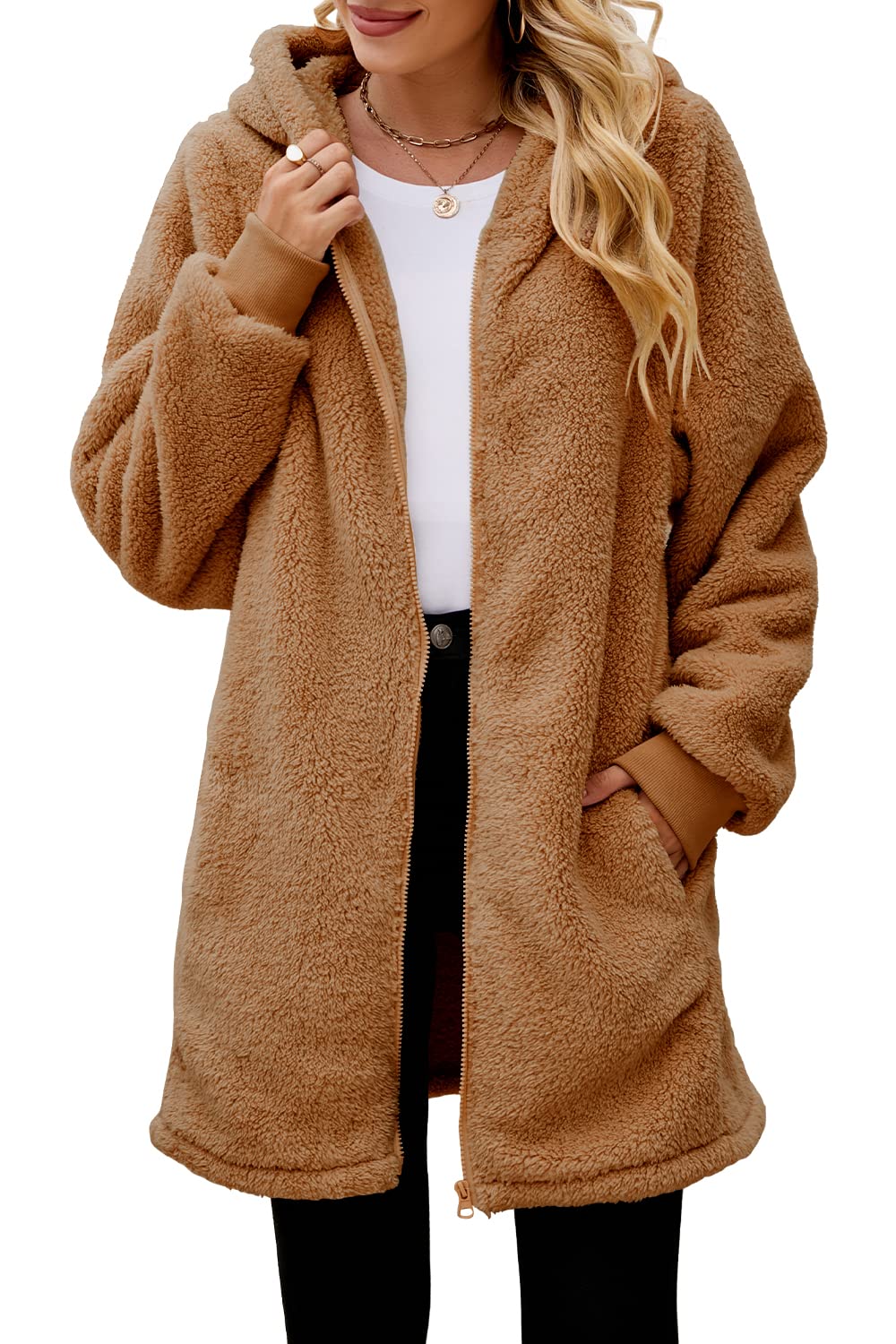Yanekop Women Oversized Sherpa Jackets Fuzzy Fleece Hoodies Zip Up Outerwear Coat with Pockets