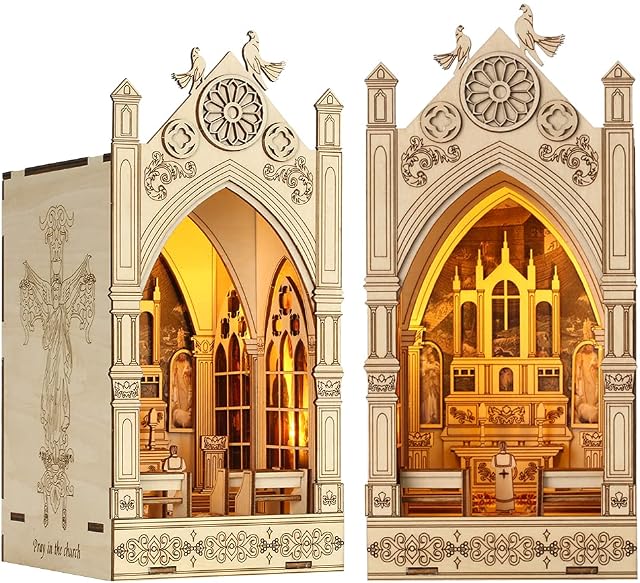CUTEBEE 3D Wooden Puzzle DIY Dollhouse Booknook Bookshelf Insert Decor Alley,Bookends Model Build-Creativity Kit with LED Light (Pray in The Church)