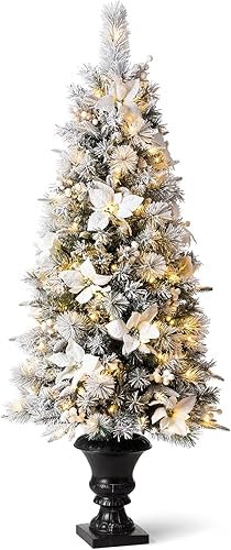 Miniatura 4 de Glitzhome Árbol de Navidad artificial de pino flocado preiluminado de 5 pies con 150 luces blancas cálidas y flor de pascua para decoraciones de