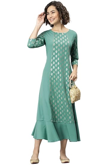 Green Poly Crepe Ethnic Dress at Amazon 