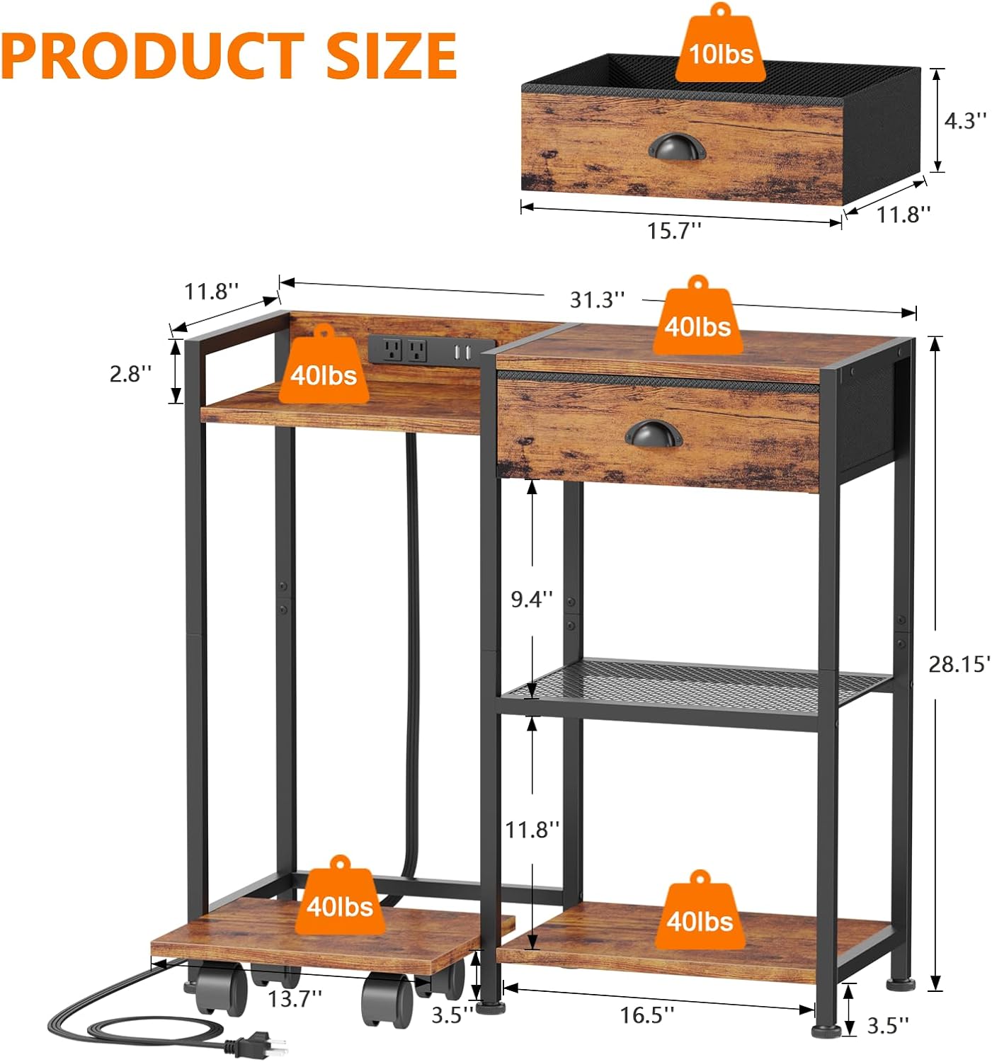 Printer Stand With Storage Drawer,Printer Table With Charging - View #2