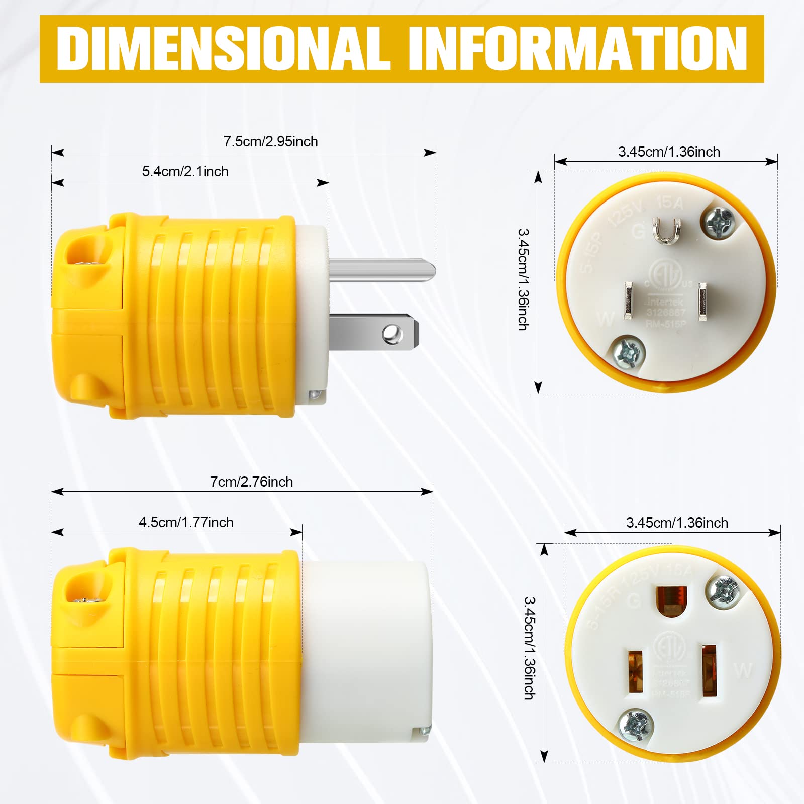 Sherr Lot de 8 embouts de rallonge 15 A 125 V 2 pôles 3 fils de rechange robustes mâles femelles 5-15P 5-15R Type de mise à la terre certifié ETL (mâle, femelle)