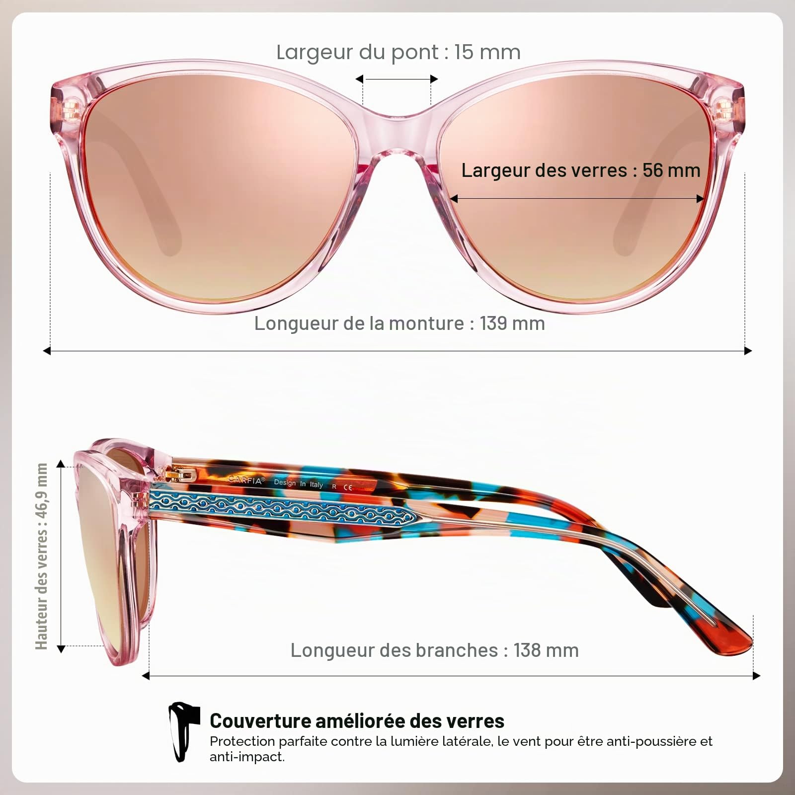 Carfia Rétro Lunettes de Soleil Femme Polarisées Cat.3 Protection UV400 Motif Gravé Monture en Acétate pour Voyager