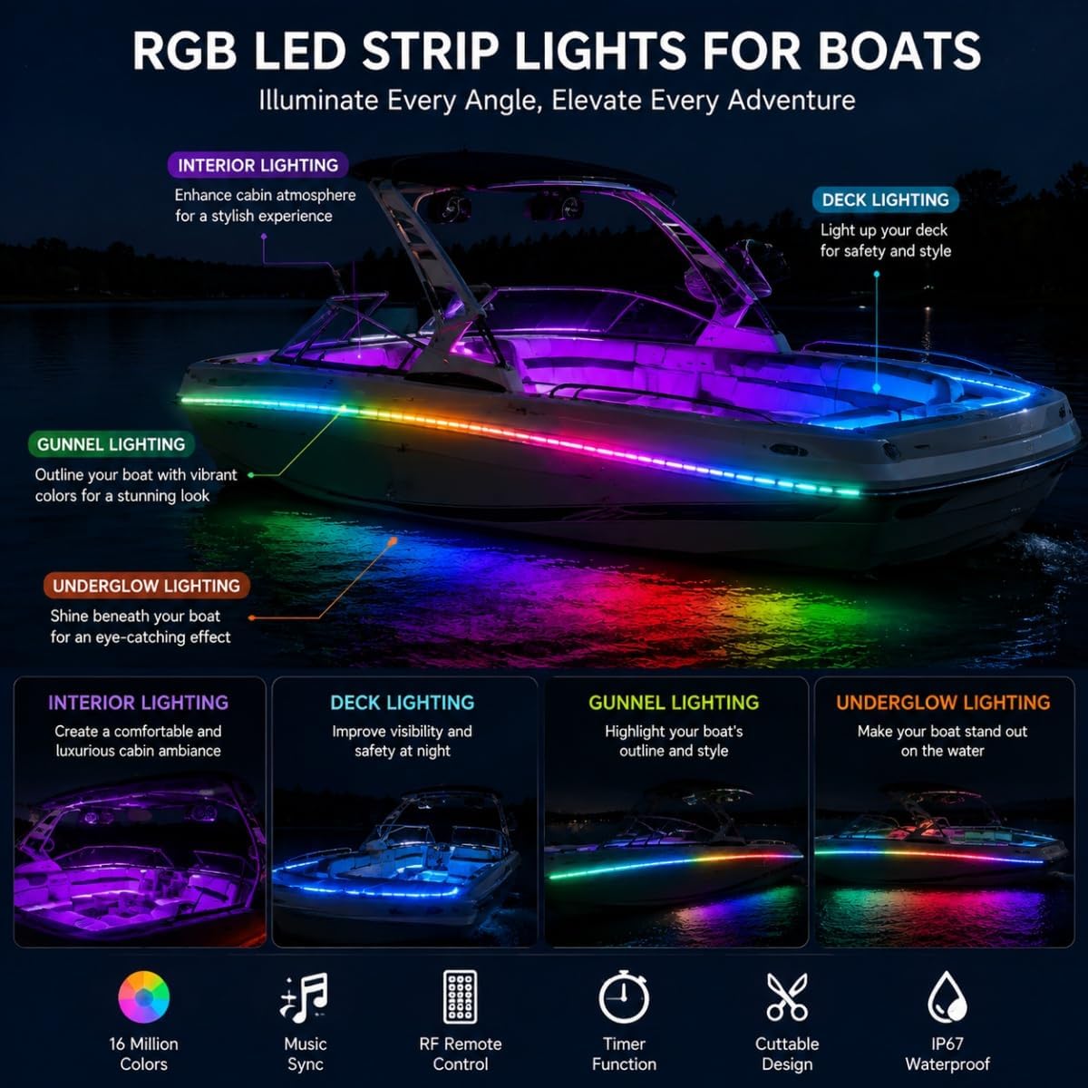 100FT LED Boat Lights, 12V RGB Marine Pontoon Led Strip Lights with APP & Remote, IP67 Waterproof Boat Interior Exterior Light with Extension Cable for Pontoon, Night Fishing, Gunnel, Deck, RV