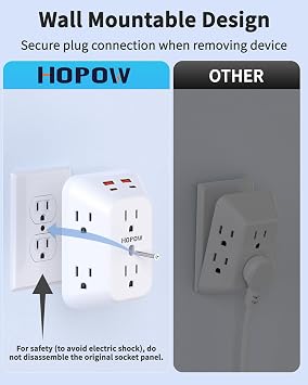 2 Pack Outlet Extender Surge Protector, HOPOW 6 Outlet Splitter with 4 USB Ports (2 USB C), USB Wall Charger, 3-Sided 1050J Multi Plug Wall Outlet, Wall Mount for Home Travel Office Travel, White