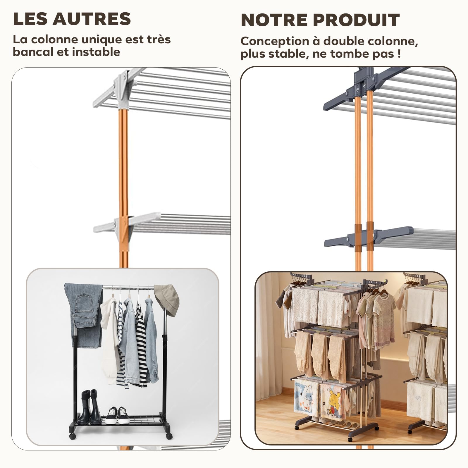 Etendoir Linge Tour sur roulettes | Séchoir 4 Niveaux en Acier Inoxydable avec 6 Ailes Pliantes | 76x50x172 cm | Gain de Place pour Balcon Salle de Bain & Intérieur | Gris