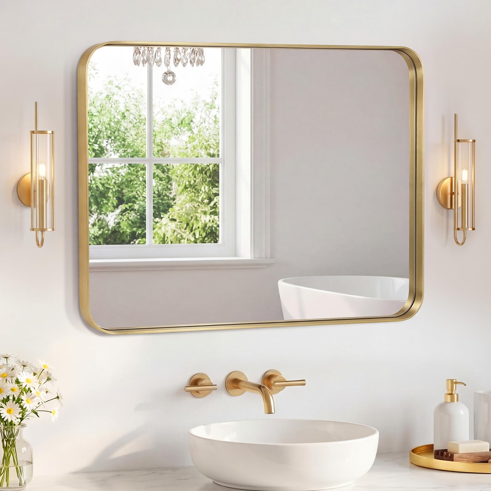 Sweetcrispy Bathroom Mirror 36x32 Inch Metal Framed Rounded Rectangle Vanity Mirror for Wall, Over Sink, Farmhouse, Restroom, Anti-Rust, Modern Decorative, Horizontal or Vertical Hanging, Gold