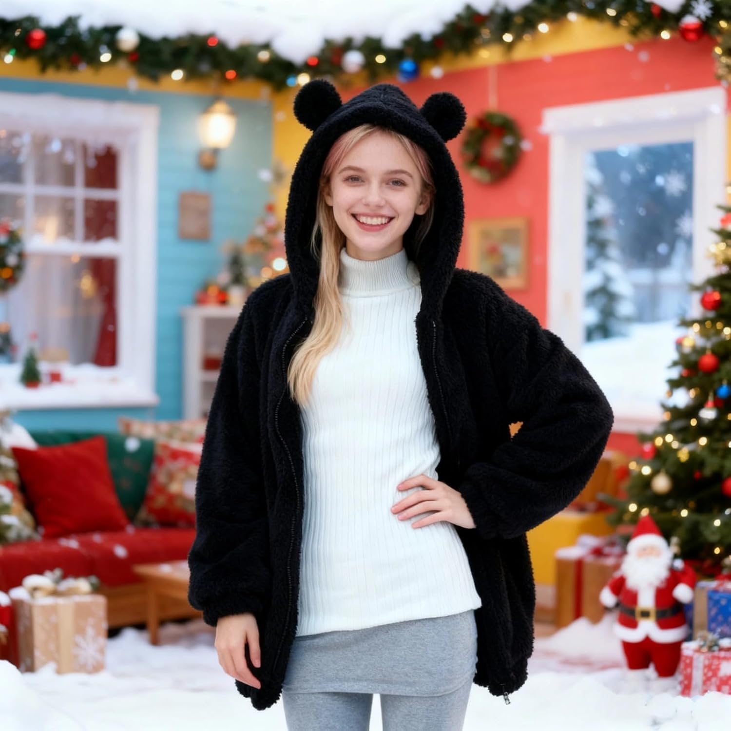 Fluffy Bear Hoodie with Ears for Women Fuzzy Bunny Ear Hoodie Kawaii Bear Sweater Jacket Warm Plush Sweatshirt - Image 3