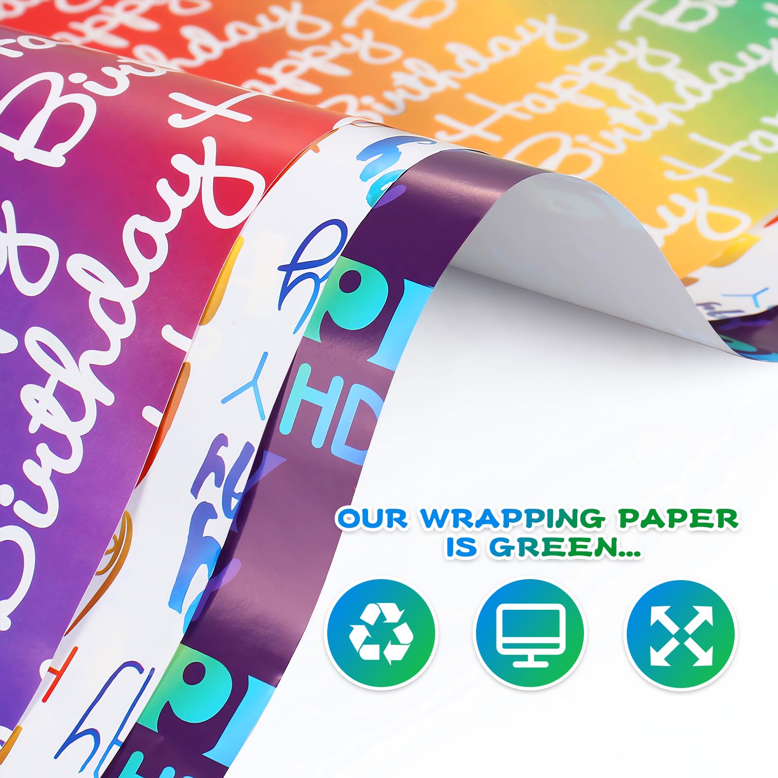 Papier do pakowania urodzinowego papieru do pakowania z gradientowym wielokolorowym tekstem "Happy Birthday", zestaw papieru do pakowania prezentów zawiera arkusze papieru do pakowania prezentów,