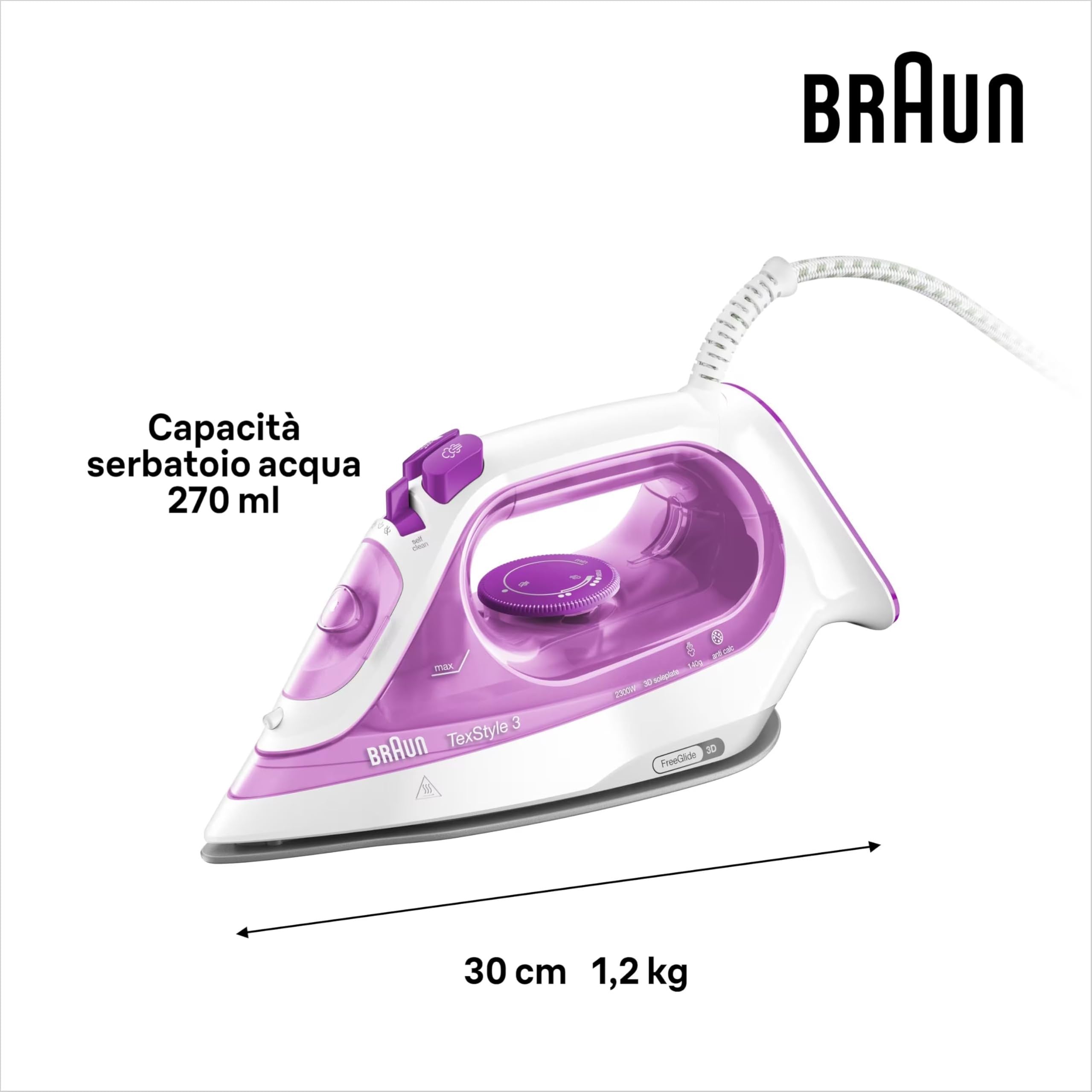 Braun TexStyle3 SI3030PU Ferro da Stiro a Vapore con 5 Anni di Assistenza, Piastra in Ceramica, Stiratura in Verticale, Punta di Precisione, Getto di Vapore 140g/min, Potenza 2300watt, Rosa Chiaro