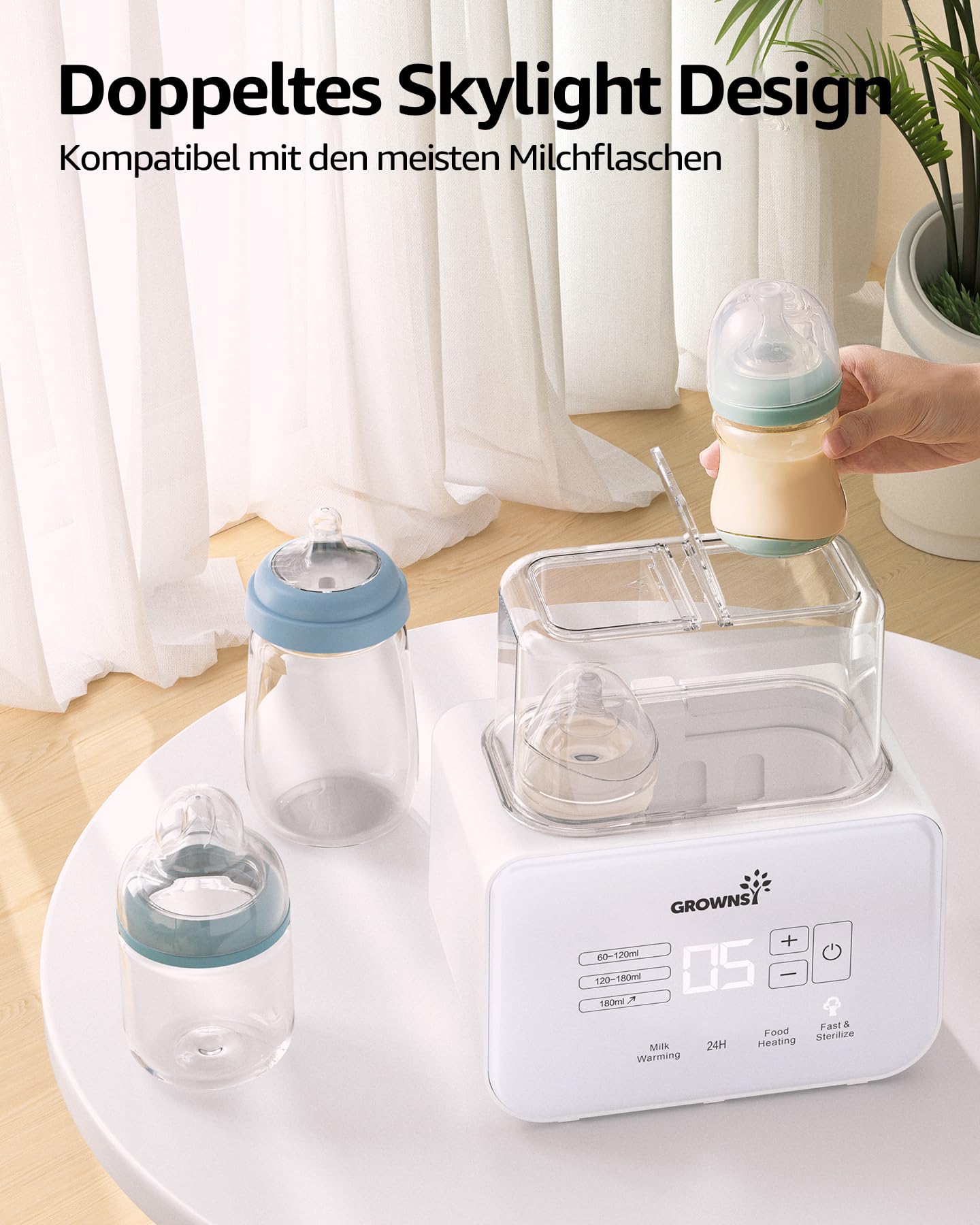 Grownsy Flaschenwärmer baby, 9-in-1 Sterilisator für Babyflaschen Fast Babynahrungsheizung & Abtauung BPA-frei, Timer, Präzise Temperaturregelung, Babykostwärmer mit LCD, Doppel-Flaschenwärmer