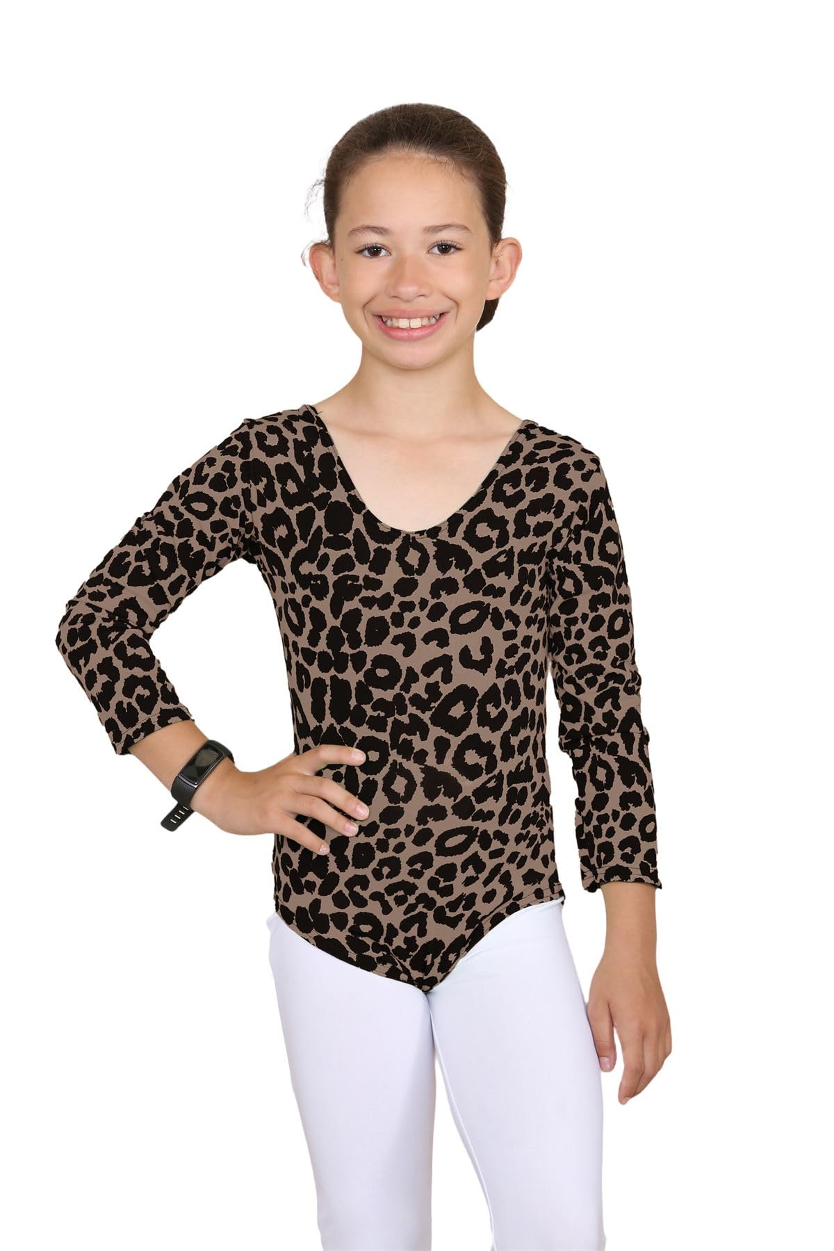 Hamishkane Unisex Kids Brown Leopard Hamishkane® Gymnastics Leotards For Girls - Stretchy Long Sleeve Leopard Print Top, Ideal Girls Leotard For Gymnastics And Ballet Performance