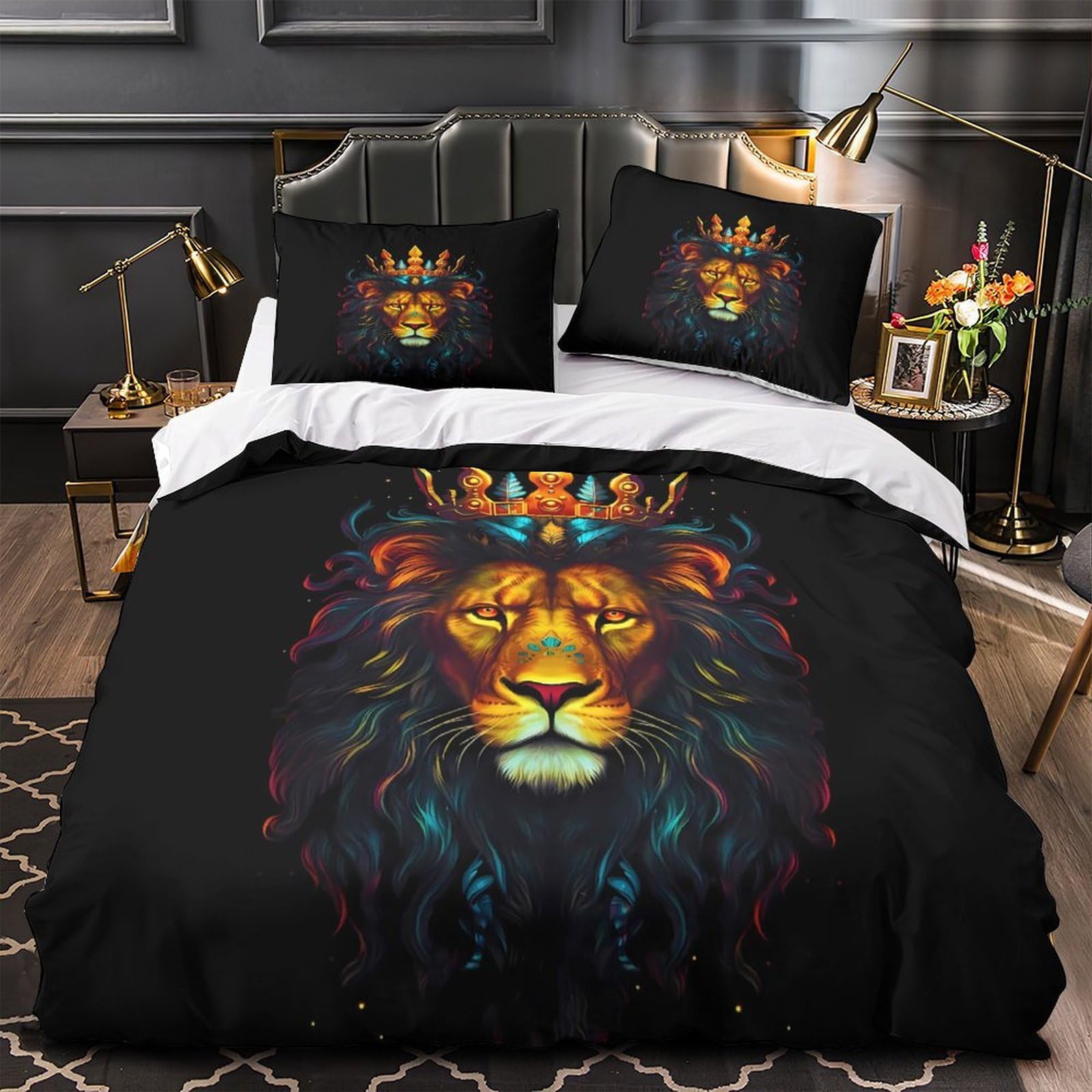 Royal Lion Art Comforter Cover 3D Design Printed Luxury 3 Piece Bedding Set Zipper Quilt Cover Super Soft Machine Washable for Kids Teens Adults Women Youth Single（135x200cm）