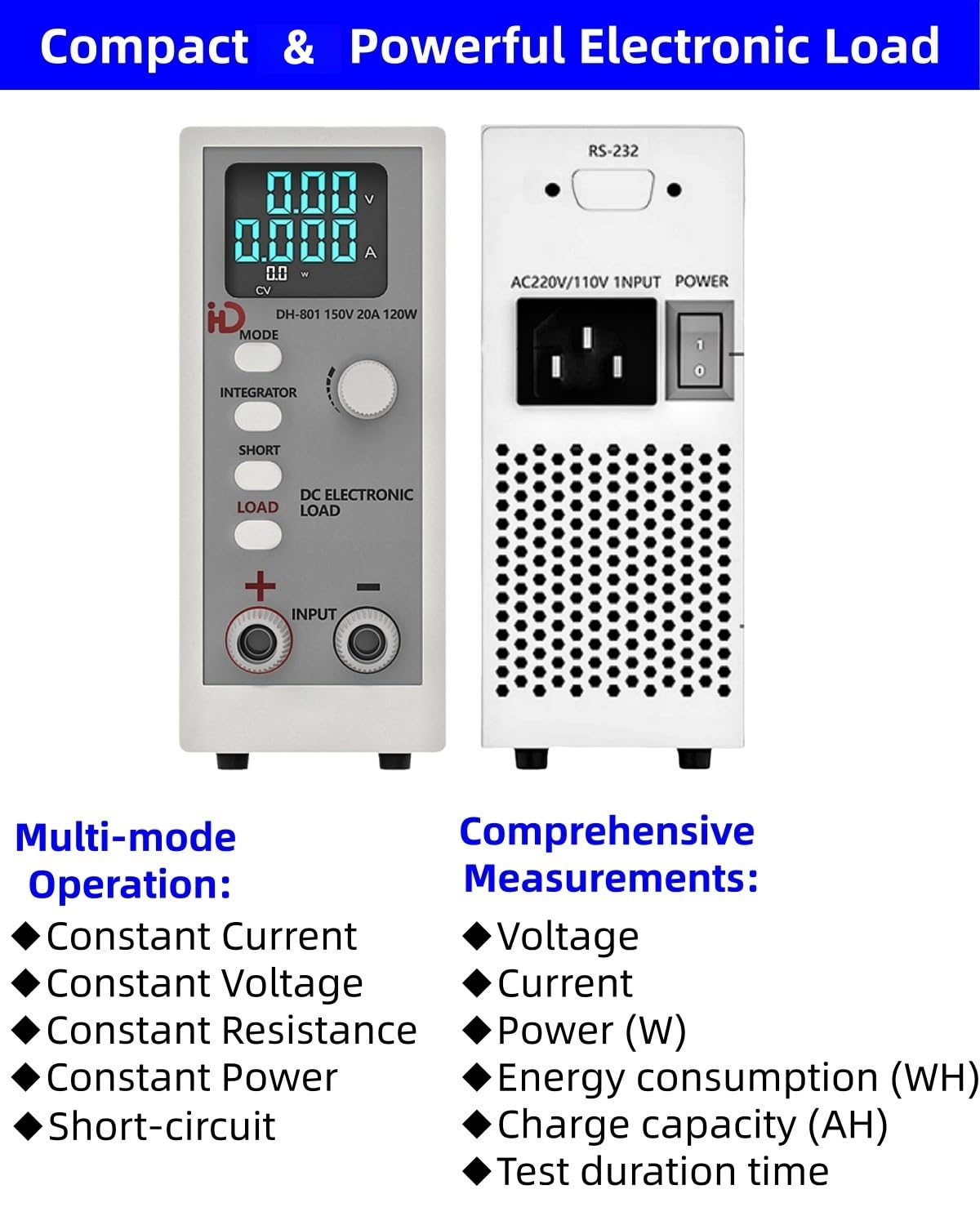 Programmable DC Electronic Load 120W, 0~150V, 0~20A, 0.1~999.9 ohm,Support CC(Constant Current), CV(Constant Voltage), CR (Constant Resistance), CP(Constant Power) Mode — Amazon image 2