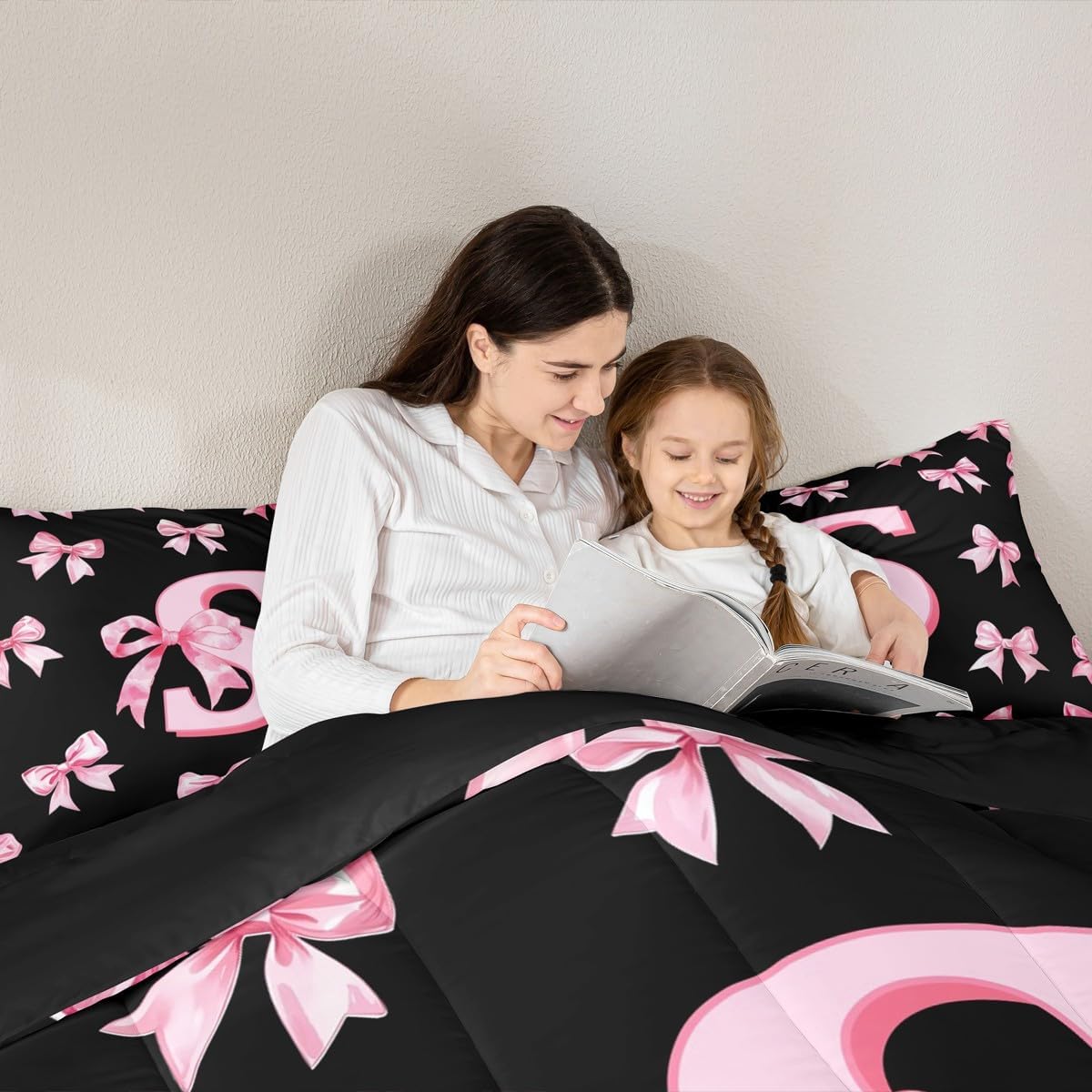 Erosebridal Cute Pink Bow Kids Bedding Set Twin Size,Personalized Letter S Comforter Set for Girls,Initial S Coquette Bow Comforter Preppy Monogrammed Bowknot Quilt Duvet 2 Pcs