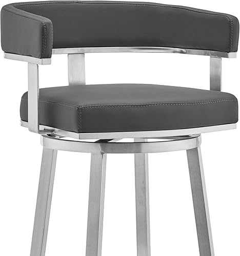 Vista 99 de Armen Living Prinz Taburete giratorio de 26 pulgadas de altura de mostrador en piel sintética negra y acabado de acero inoxidable cepillado