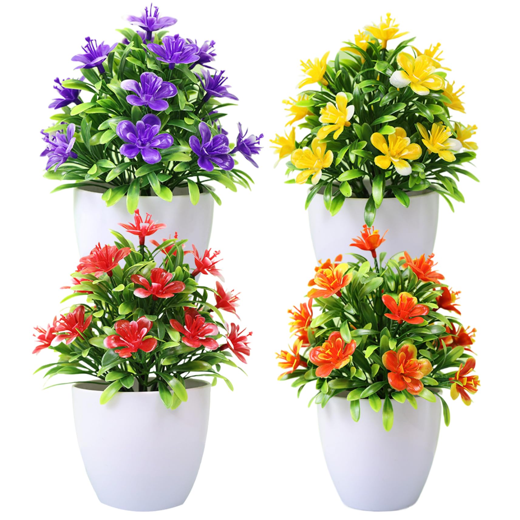 Takingup Artificial Flowers in Pots, 4Pcs Plastic Outdoor Potted Plants No Fade for Home Office, Outdoor Artificial Plants