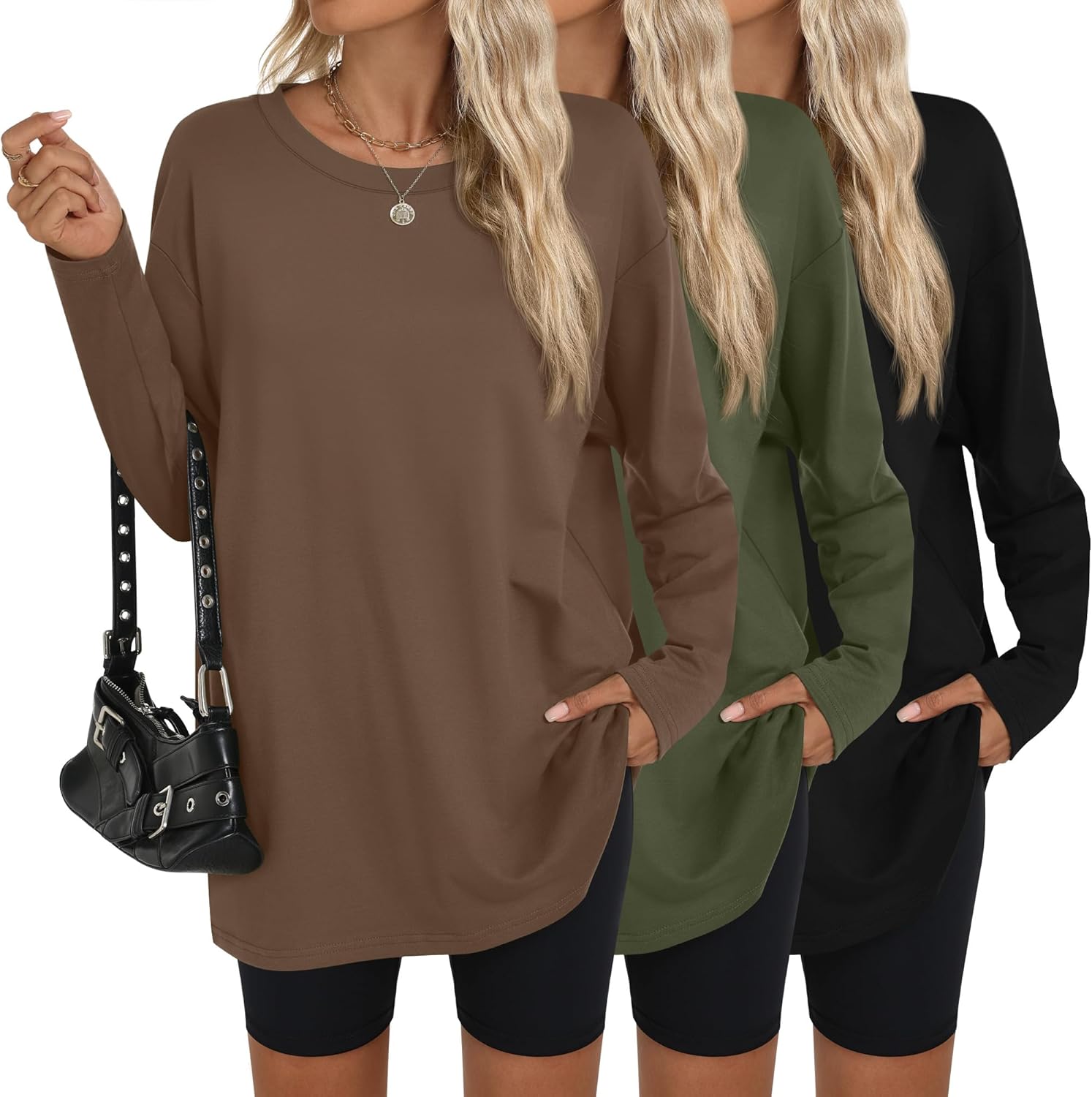 Ficerd 3 Pack Women's Oversized Long Sleeve Shirts Cotton Gym Round Neck Tops Loose Fit Casual Workout Baggy Fall Basic Tee